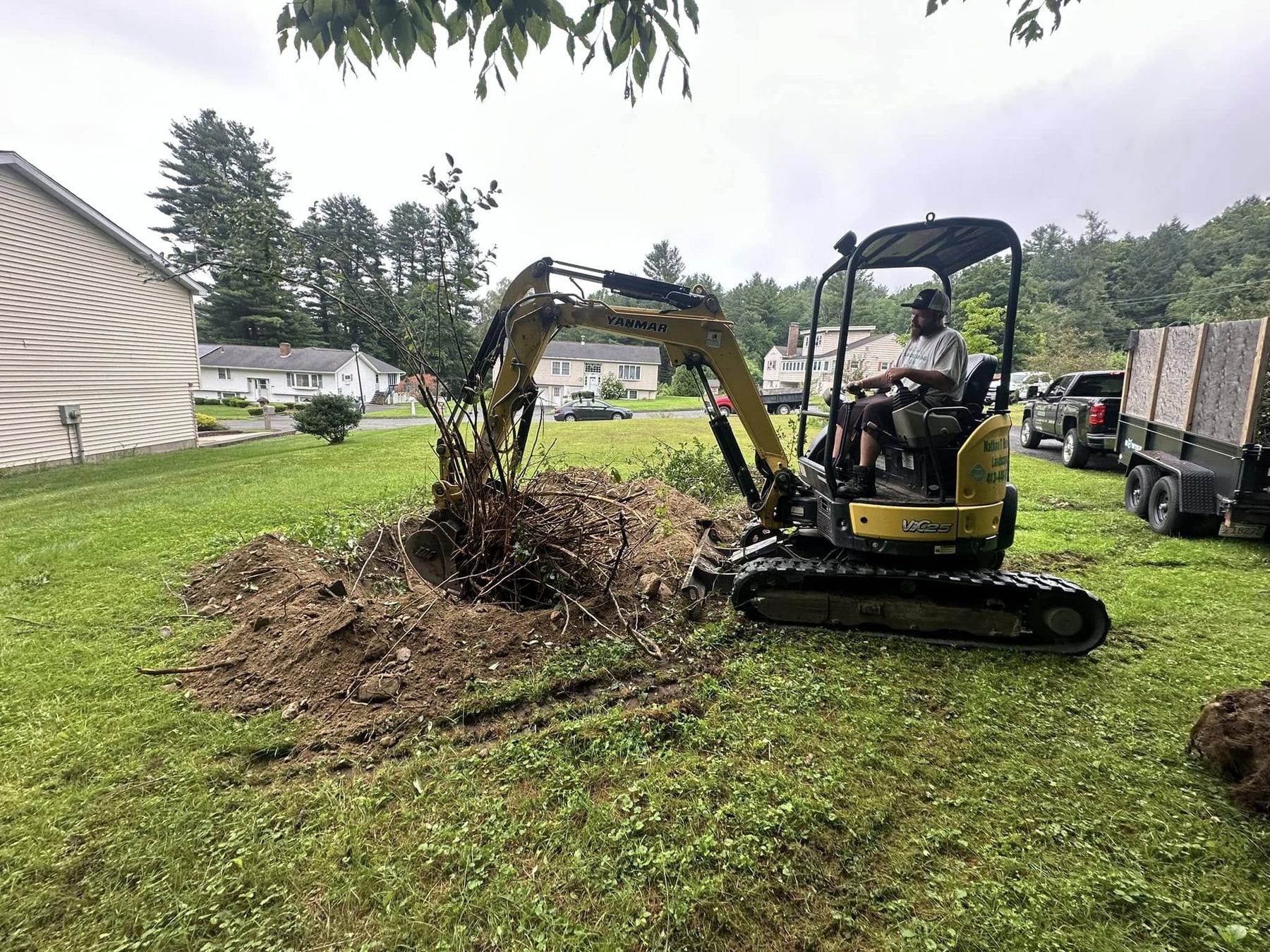 Excavator clearing stumps and brush from a property