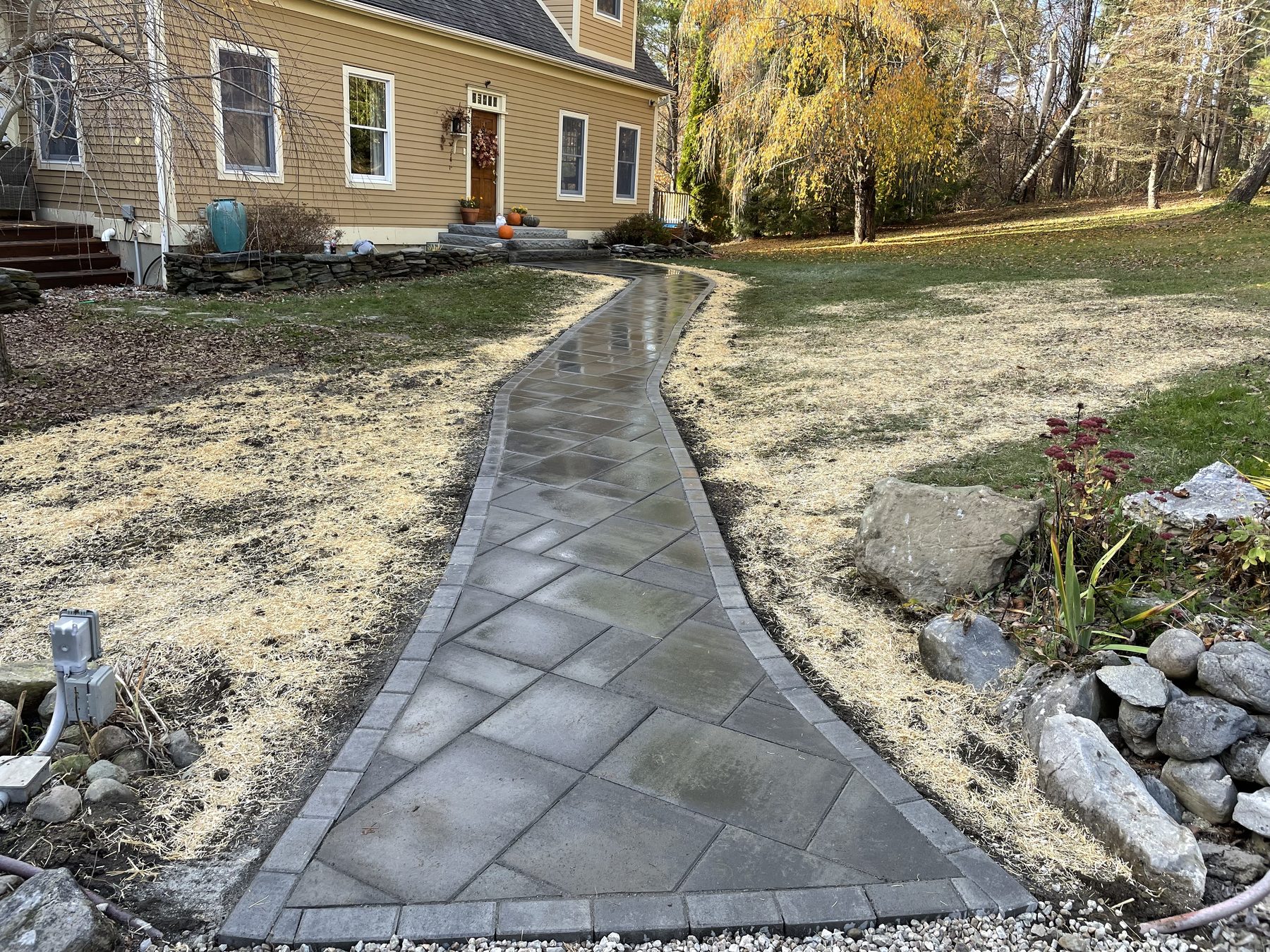 Paver walkway with stone accents after rain