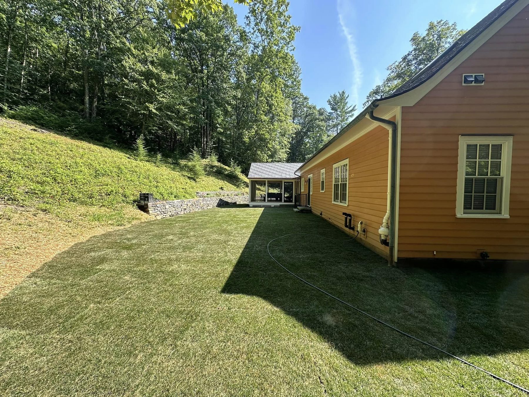 Established lawn on a hillside beside a house