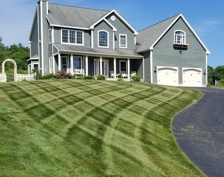 Striped lawn beside a curved asphalt driveway